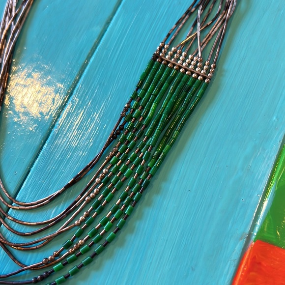 Vintage liquid silver malachite 10 strand necklace artist marked sterling .925 - Picture 3 of 10